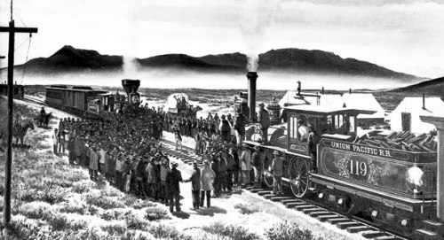 In this painting, a rail official drives the golden spike in Promontory, Utah (Source: Politico.com)