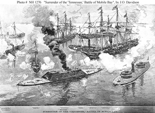 Entitled "Surrender of the 'Tennessee,' Battle of Mobile Bay", it depicts CSS Tennessee in the center foreground, surrounded by the Union warships (from left to right): Lackawanna, Winnebago, Ossipee, Brooklyn, Itasca, Richmond, Hartford and Chickasaw. Fort Morgan is shown in the right distance. (Source: history.navy.mil)