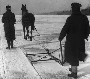 Ice harvesters use a horse-drawn device to mark ice for cutting in Pennsylvania in 1907. (Library of Congress) (Source: History.com)